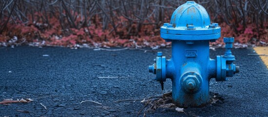 Fototapeta premium Blue Fire Hydrant: A Safety Object in Stunning Blue - Photo of a Remarkable Blue Fire Hydrant, a Safety Object in Vivid Blue Hue