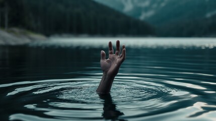 Fototapeta premium A hand emerging from a lake reaching up as if trying to grab something. Risk danger concept.