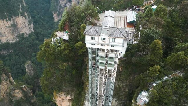 Aerial orbit establishes Bailong elevator house in Zhangjiajie China