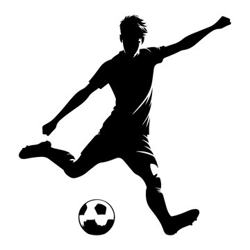 recommend clip art: Young soccer player kicking a ball pose vector silhouette, black color silhouette