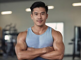 Handsome Muscle Asian Guy with Tank Top Crossing Arms Portrait Looking at Camera in The Gym