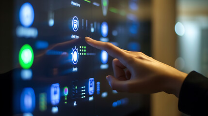 Um close de um usuário interagindo com um painel de controle de automação residencial inteligente gerenciando e monitorando vários dispositivos conectados para uma casa inteligente