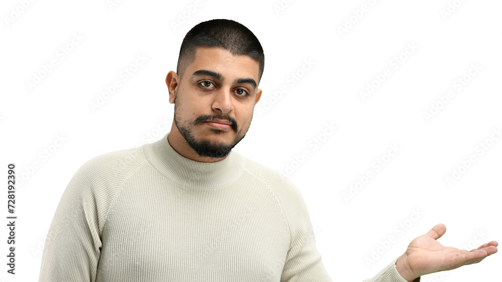 Canvas Prints A man, close-up, on a white background, points to the side