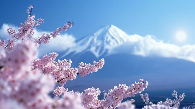 close up of pink cherry blossoms, with beautiful mount fuji, repeat video