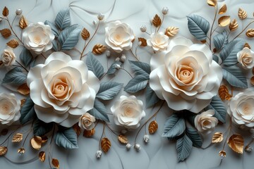 3D printable ceiling wallpaper for interior spaces featuring elegant lovely white roses on an abstract Background