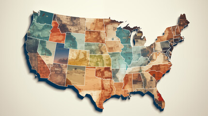 Map states of USA map with states texture Earth tone color Wrinkles surface  isolated on a brown background. United States of America map, style retro vintage  background,usa map ai concept.