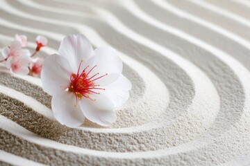 Fototapeta na wymiar cherry blossom flower on zen garden sand pattern