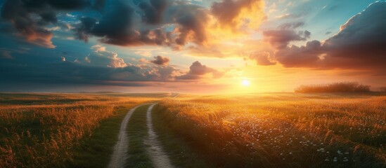 Beautiful Sunset Over a Road, Field, and Thick Grass - Powered by Adobe