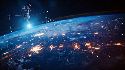 Uma constelação de satélites em órbita terrestre formando uma rede de internet via satélite para fornecer conectividade de internet de alta velocidade global - obrazy, fototapety, plakaty