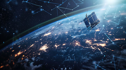 Uma constelação de satélites em órbita terrestre formando uma rede de internet via satélite para fornecer conectividade de internet de alta velocidade global - obrazy, fototapety, plakaty