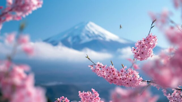 close up of pink cherry blossoms, with beautiful mount fuji, looping video