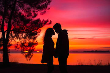 Silhouette of a couple sharing a kiss against a pink colored sunset