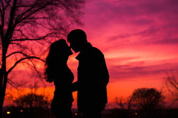 Fototapeta na wymiar Silhouette of a couple sharing a kiss against a pink colored sunset