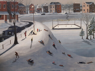 Vintage scene of kids tobogganing on a large hill in a neighbourhood park.  