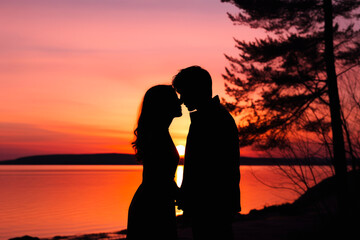 Fototapeta premium Silhouette of a couple sharing a kiss against a sunset