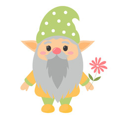 Cute garden gnome with flower. Spring dwarf. Vector illustration isolated on white background.