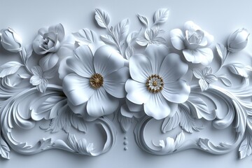 3D printable ceiling wallpaper for interior spaces featuring elegant lovely white roses on an abstract Background