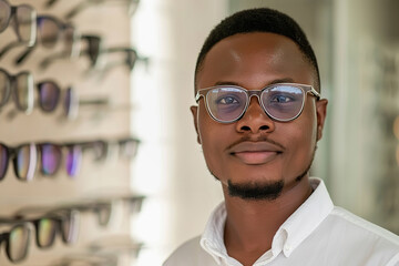 Young black man in optical store trying on new glasses