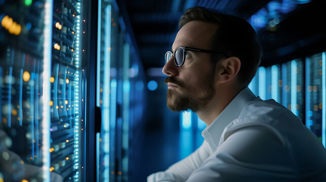 Um analista de segurança cibernética monitorando uma infraestrutura de rede simbolizando a importância da segurança digital na era dos sistemas interconectados