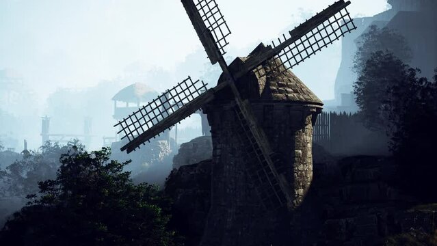 Countryside landscape with old windmill among hills