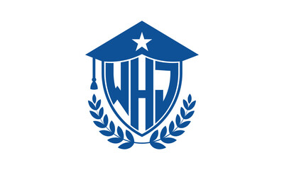 WHJ three letter iconic academic logo design vector template. monogram, abstract, school, college, university, graduation cap symbol logo, shield, model, institute, educational, coaching canter, tech