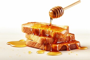 Honey pouring over toast bread. Slices of toasted bread with honey and honey dipper on white background. Generative AI