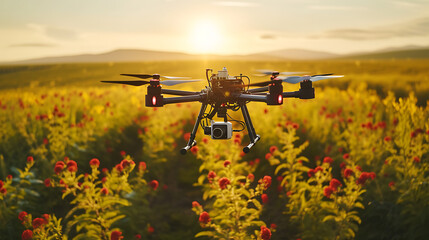 Um drone equipado com sensores voando sobre campos agrícolas monitorando a saúde das colheitas e fornecendo dados valiosos para práticas de agricultura de precisão