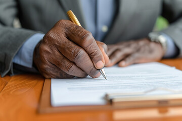 Senior black man signing document, focus on hand with pen
