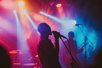 Silhouette of a Singer Performing Live on Stage with Band and Vibrant Stage Lights