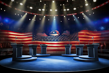 American Political Debate Stage with Podiums Under Spotlight