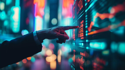 Businessman pointing a glowing stock market chart with a neon city background - obrazy, fototapety, plakaty