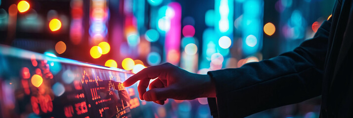 Businessman pointing a glowing stock market chart with a neon city background