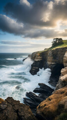 Fototapeta na wymiar Coastal Cliffside with Dramatic Waves Crashing Against Rocks