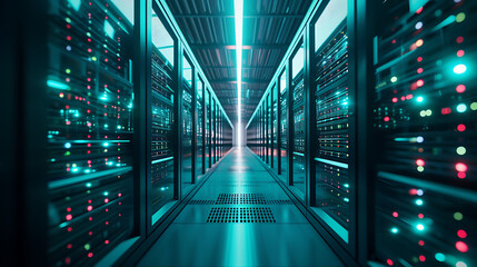 Um centro de dados futurista com fileiras de servidores emitindo um brilho suave representando a espinha dorsal da infraestrutura digital e computação em nuvem - obrazy, fototapety, plakaty