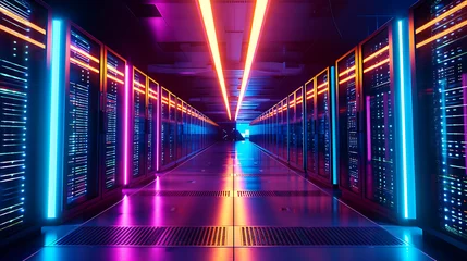 Fotobehang Um centro de dados futurista com fileiras de servidores emitindo um brilho suave representando a espinha dorsal da infraestrutura digital e computação em nuvem © Alexandre