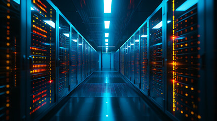 Um centro de dados futurista com fileiras de servidores emitindo um brilho suave representando a espinha dorsal da infraestrutura digital e computação em nuvem - obrazy, fototapety, plakaty