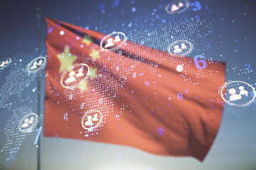 Double exposure of social network icons hologram and world map on Chinese flag and blue sky...