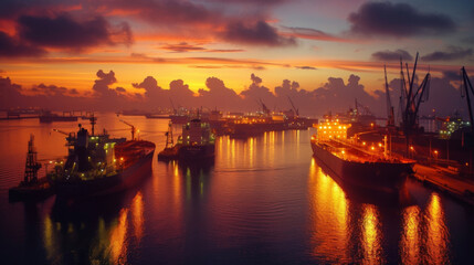 Fototapeta na wymiar In the early hours of dawn a fleet of oil tankers can be seen lined up at a port waiting to be loaded with valuable fuel that will be transported to various corners of the