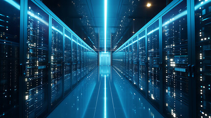 Um centro de dados futurista com fileiras de servidores emitindo um brilho suave representando a espinha dorsal da infraestrutura digital e computação em nuvem