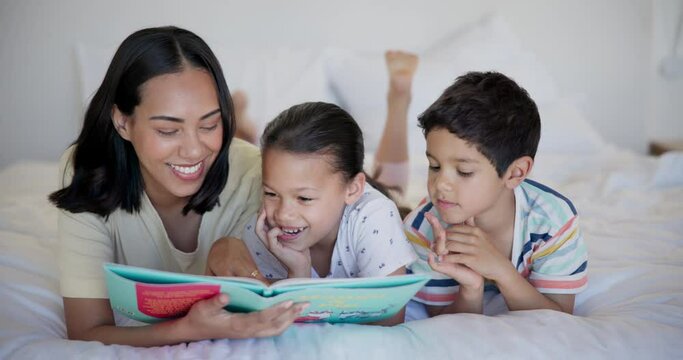 Reading, book and mom with children in bedroom learning language with story for development in home. Mother, talking and kids excited for education from fantasy, storytelling and bonding together