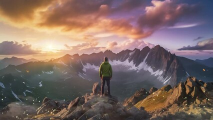 man on the top of the hill watching wonderful scenery. hiker in the mountains. seamless looping overlay 4k virtual video animation background 