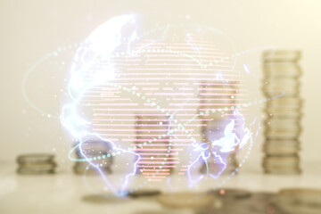 Double exposure of abstract digital world map hologram with connections on growing coins stacks background, big data and blockchain concept