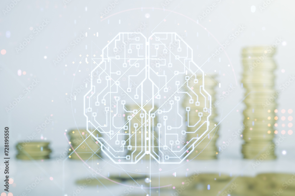 Poster double exposure of creative human brain microcircuit hologram on growing coins stacks background. fu
