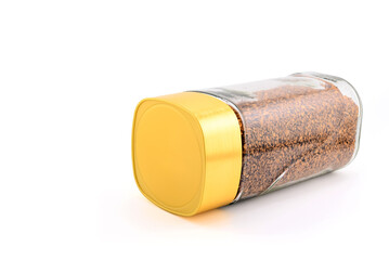can of instant freeze-dried coffee, roasted to a golden hue, with a gold lid
