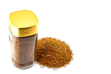 can of instant freeze-dried coffee, roasted to a golden hue, with a gold lid