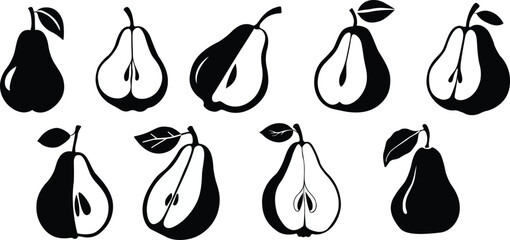 Pear and pear slice silhouettes set. Black and white pears clipart. Vector illustration