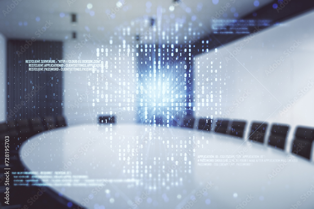 Poster abstract virtual code skull illustration on a modern conference room background. hacking and phishin