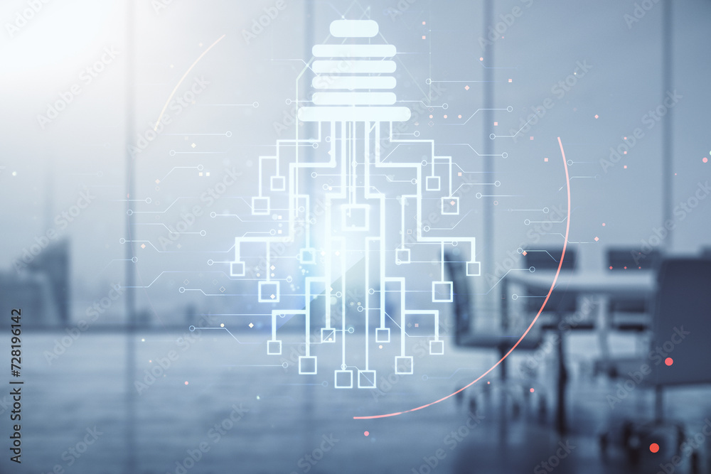 Poster double exposure of virtual creative light bulb hologram with chip on a modern meeting room backgroun