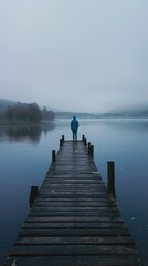 Serene Lake Reflection and Early Morning Fog with Person on Pier early morning fog over a calm lake, blue tones, tranquil scene, reflection of trees in water, serene nature backdrop, outdoor solitude