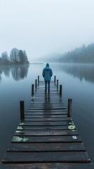 Solitary Figure on Misty Lake Dock in Tranquil Morning Scene foggy lake dock with person - obrazy, fototapety, plakaty